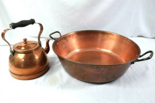 Vtg Lge 15 " Copper Jam Jelly Confiture Pan Bronze Handles Bonus Teapot