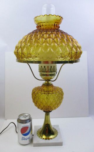 Vtg Hurricane Gwtw End Stand Lamp - Amber Quilted Glass Marble Base - 23 " (aue)