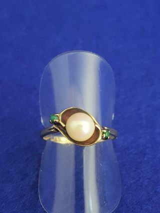 Vintage 1950 - 60s 9ct Gold Pearl W Green Jade Highlights Ring N/7 2.  1g