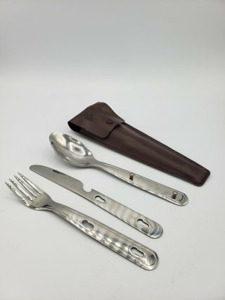 Vintage Stainless Boy Scout 3 Pc Knife Fork Spoon Camping Set In Case