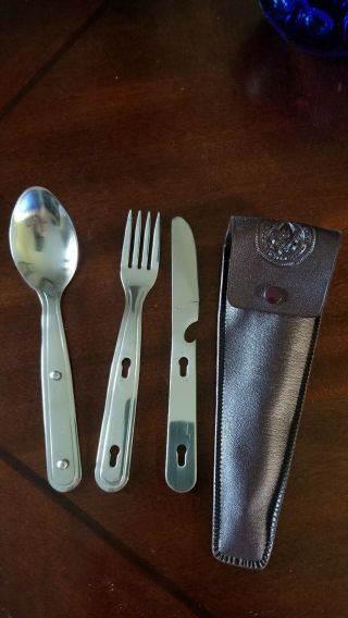 Vintage Imperial Stainless Boy Scout 3 Pc Knife Fork Spoon Camping Set In Case