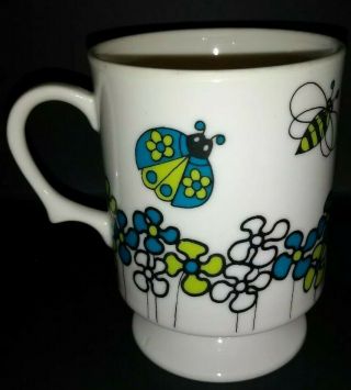 Vintage Pedestal Coffee Mug Blue Green Butterflies Bird Ladybug Bee Floral Japan