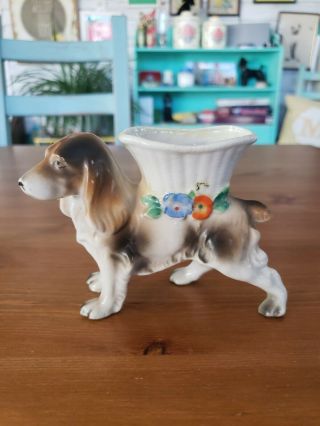 Vintage Ceramic Terrier Dog Carrying Basket Figurine Planter Japan