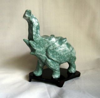 China Solid Carved Green Jade " Lucky Trunk Up Elephant " Statue 2lb 12 Oz