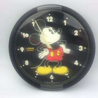 Vtg Mickey Mouse Black Wall Clock Lorus Quartz Walt Disney 10 " Japan