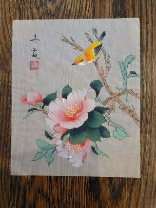 Antique Vintage Chinese Silk Painting Bird And Flowers - Early 20th Century