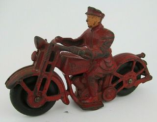 Vintage Hubley Cast Iron Patrol Motorcycle Red W/ Driver 6.  5 "