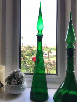 Green Decanter Mcm Italian Empoli Genie Bottle Glass Blown 1960’s Vintage