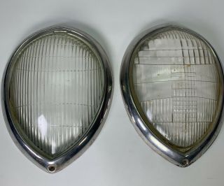 2 Vtg Ford 1937 - 38 Lamp Clear Cut Glass Headlight Lens & Chrome Headlamp Ring