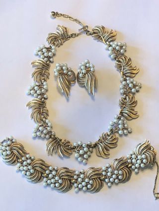 Signed Trifari Vintage Gold Tone And Faux Pearl Necklace,  Earrings,  Bracelet Set