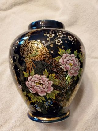 Japanese Japan,  Imperial Kutani Black Hand Painted Pottery Vase.