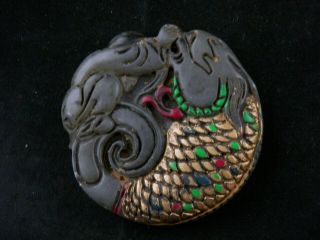 Great Antique Chinese Jade Hand Painted Boy & Dragon - Fish Pendant L111
