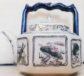 Vintage Porcelain 2 Cup Tea Pot Blue and White Octagon Shape Made in China 2