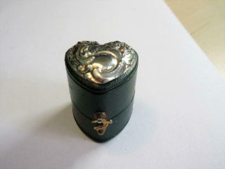Vintage Tooled Leather Heart Shape Jewellery Ring Box With Solid Silver Top