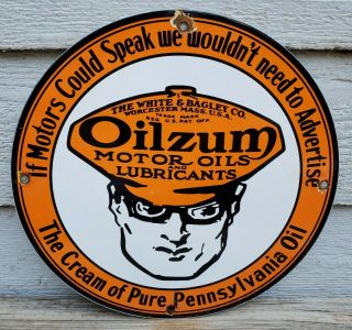 Old Vintage Orange Oilzum Motor Oil Gas Porcelain Gas Station Pump Ad Sign