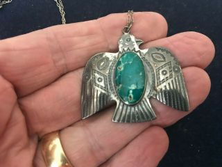 Vintage Harvey Era Navajo Sterling Silver Turquoise Thunderbird Pendant 1 5/8 "