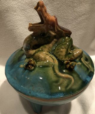 Oriental Tri - Color Asian Pottery Tripod Incense Burner Pot W/ Dragon Lid