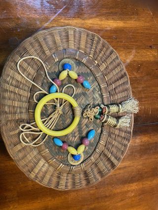 Antique Small Chinese Sewing Basket With Coins Yellowglass Ring Beads Tassel