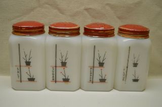 Vintage Art Deco Flower Pot Milk Glass Range Shakers Salt Pepper Sugar Flour Set
