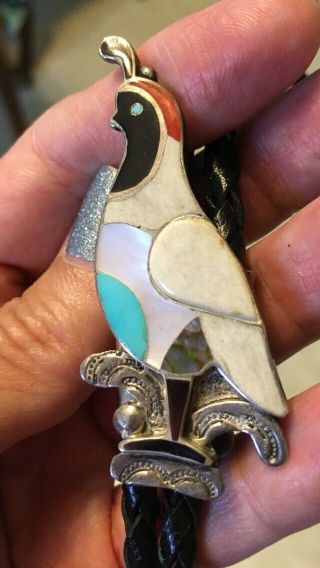 Vintage Navajo Bolo Tie With Sterling And Multi Stone Inlaid Quail Old Pawn