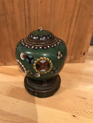Antique Japanese Cloisonne Footed Jar Censer Cover Bronze Base Attached To Wood