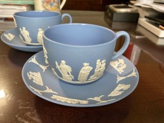 2 Vintage Wedgwood 1960 Blue Jasperware Tea Cups And Saucers