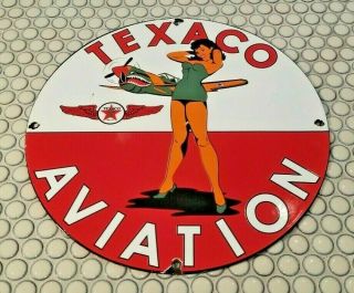 Vintage Texaco Gasoline Porcelain Military Pin Up Girl Hurricane Nose Art Sign