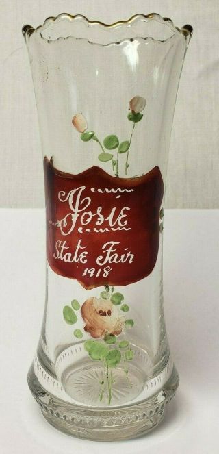 1918 Josie State Fair Ruby Red Flash Glass Vase Souvenir 102 Years Old