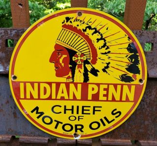 Vintage Dated Indian Penn Chief Motor Oils Porcelain Gas Pump Sign