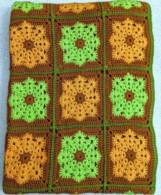 Vtg 70s Double Sz Wool Crochet Snowflake Granny Square Rug Throw Blanket Retro