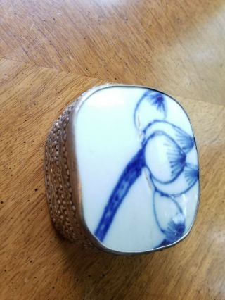 Antique Chinese Blue And White Porcelain Shard In Silver Plated Box Peony Design