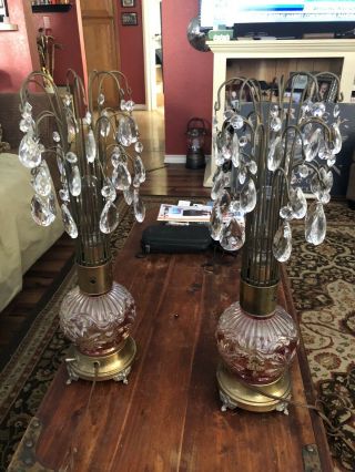 Pair Vtg Art Deco Hollywood Regency Cranberry Glass Waterfall Prism 2 Table Lamp