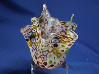 Vintage Murano Glass Matte Millefiori Fratelli Toso Fazzaletta Handkerchief Vase 3