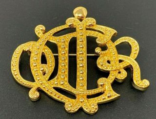 Vintage Signed Christian Dior Logo Gold Tone Brooch