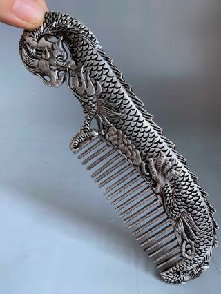 Collectable Handwork Decor Old Tibet Silver Carve Mythology Dragon Exorcism Comb