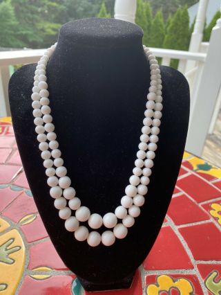 Vintage Signed 1965 Christian Dior White Glass Beads Necklace Double Strand