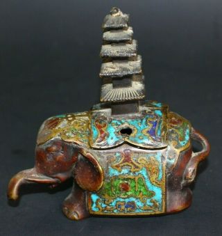 Solid Brass Elephant Chinese Incense Burner Cloisonne Enamel Some Loss 4 "