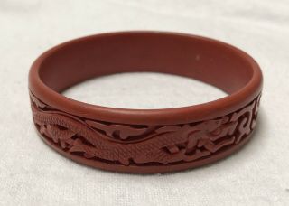 Vintage Asian Chinese Carved Red Cinnabar Bangle Bracelet
