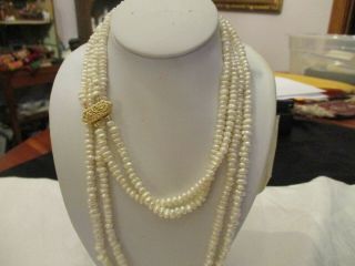 Vintage Cultured Pearl Double Strand W 14k Gold Filigree Double Clasp,  32 "