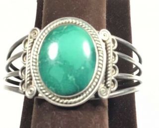 Vintage Sterling Silver Navajo Made Cuff Bracelet With Large Turquoise Center