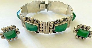 Taxco Vintage Art Deco Sterling Silver & Green Onyx Bracelet Earring Set