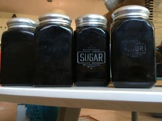 Vintage Mckee Black Glass Range Set Shakers Roman Arch Flour Salt Sugar Pepper