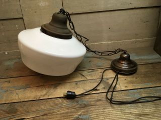 Vintage Leviton Hanging Chain Large Ceiling Lamp Milk White Glass Brass