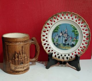Vintage Disneyland Sleeping Beauty Plate & Faux Wood Mug Walt Disney Productions