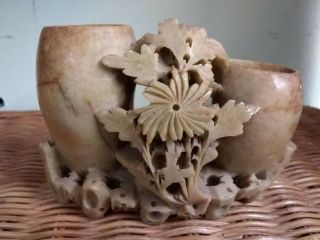 Antique Chinese Hand Carved Soapstone Double " Urn " Vase Decorated With Flowers