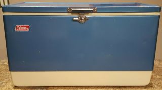Vintage 1975 Coleman Cooler Blue Camping Ice Chest: Large Size 28 X 15.  25 X 16