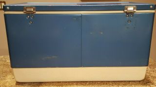 Vintage 1975 Coleman Cooler Blue Camping Ice Chest: Large Size 28 x 15.  25 x 16 3