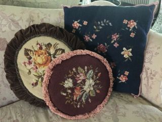 Wonderful Set Of 3 Vintage Floral Needlepoint Pillows 18 Square,  12 & 17 Round