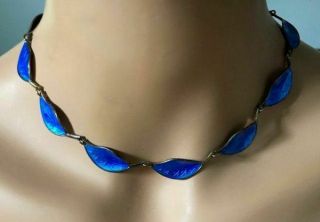 Vintage David Andersen Cobalt Blue Enamel Gilt Sterling Leaf Necklace,  Fjt