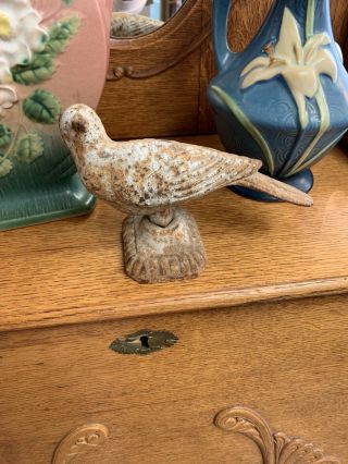 Fabulous Vintage Cast Iron Metal Bird Statue White Rusty With Patina